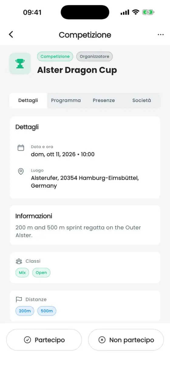 Pagina di dettaglio di una competizione con data, luogo, classi e distanze