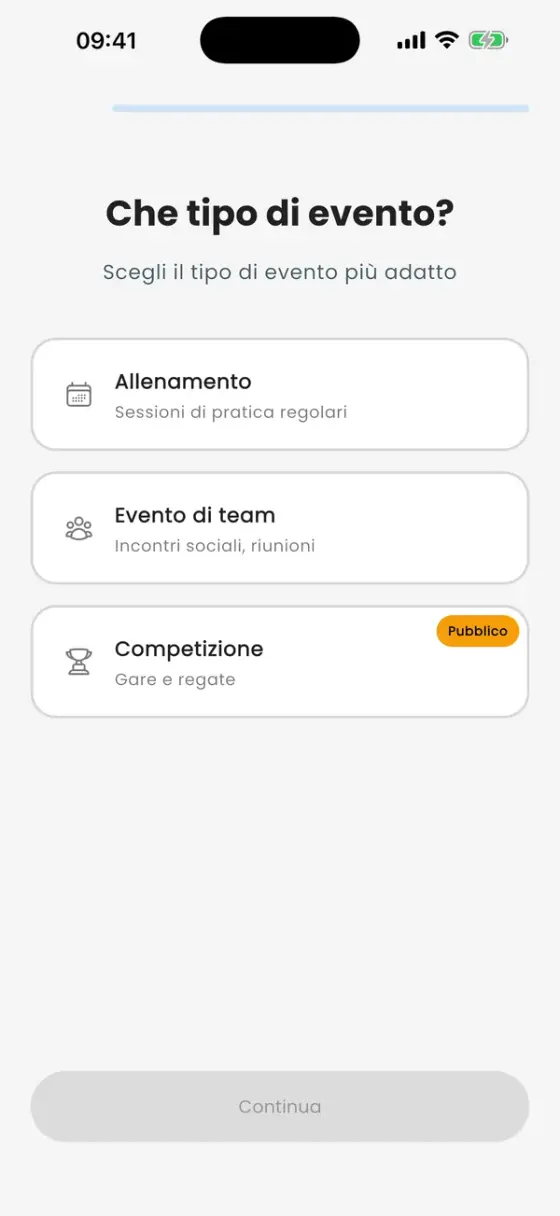 Schermata Che tipo di evento? con Allenamento, Evento di team e Competizione
