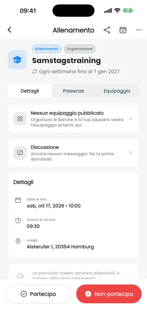 Pagina di dettaglio di un allenamento con i pulsanti Partecipo e Non partecipo in basso