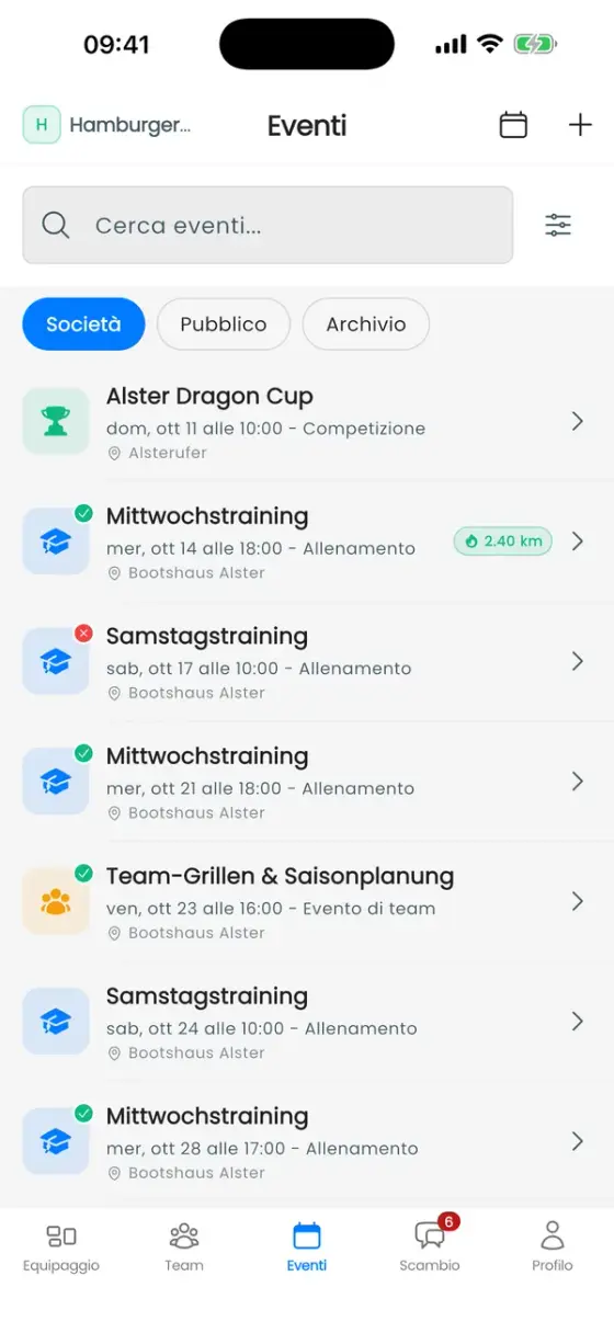 Scheda Eventi, elenco della società con i prossimi allenamenti, un evento di team e una competizione