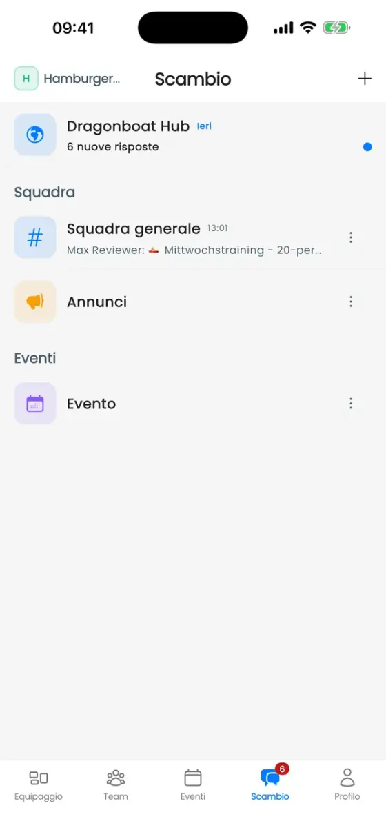 Scheda Scambio con Dragonboat Hub, Squadra generale, Annunci e un canale di un evento