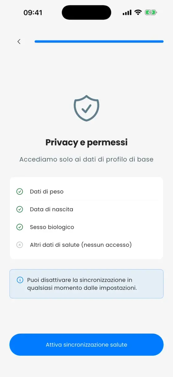 Schermata Privacy e permessi con peso, data di nascita e sesso biologico