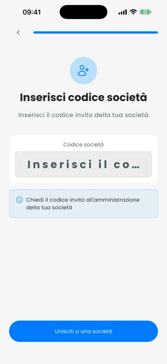 La schermata Inserisci il codice della società con un campo per il codice e un pulsante Unisciti a una società