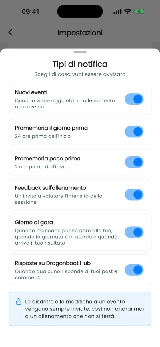 Foglio Tipi di notifica con gli interruttori per nuovi eventi, promemoria, feedback sull'allenamento, giorno di gara e risposte nell'Hub