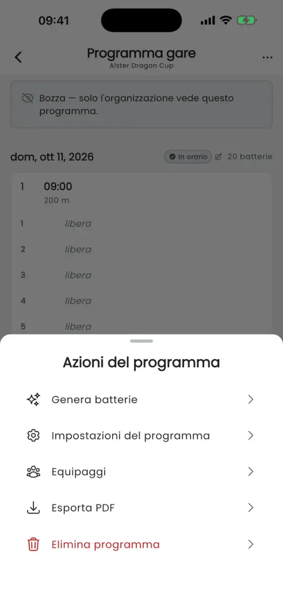 Foglio delle azioni del programma con Genera batterie, Impostazioni del programma, Equipaggi, Esporta PDF ed Elimina programma