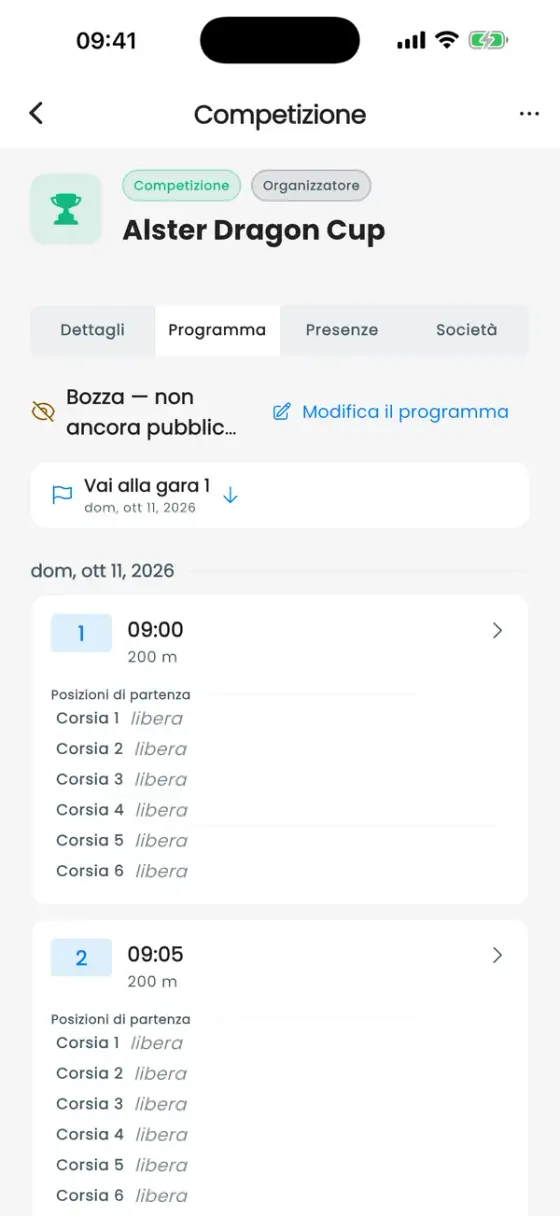 Scheda Programma di una competizione con batterie e corsie