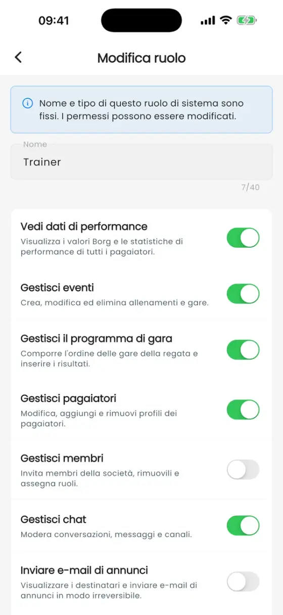 Schermata Modifica ruolo per Allenatore con un interruttore per ogni permesso