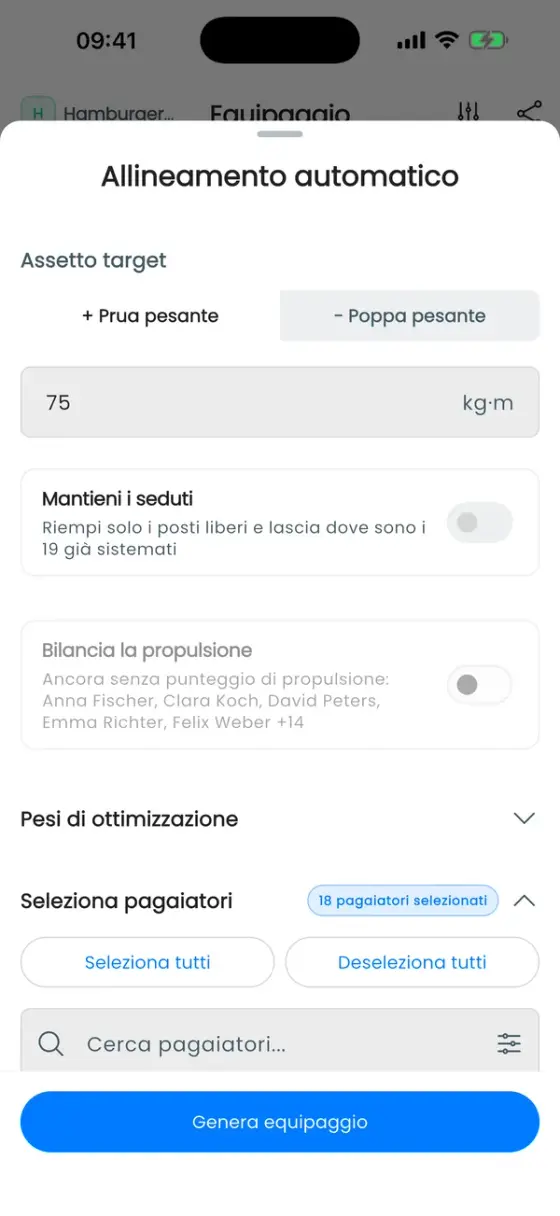 Foglio Allineamento automatico con assetto target, Mantieni i seduti, Bilancia la propulsione e Seleziona pagaiatori