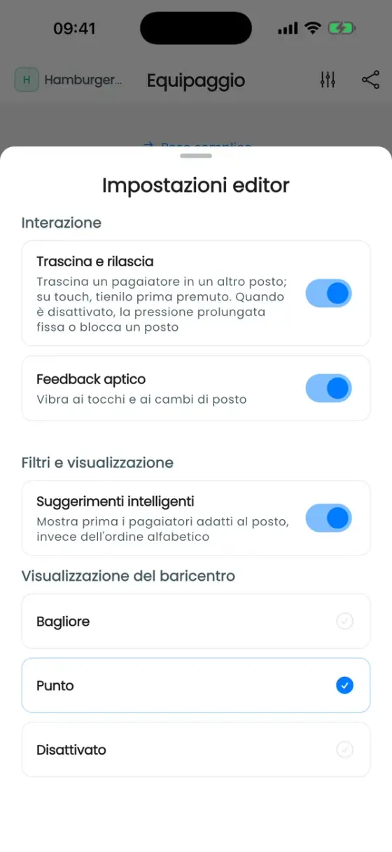 Foglio Impostazioni editor con le opzioni trascina e rilascia, feedback aptico, suggerimenti intelligenti e visualizzazione del baricentro