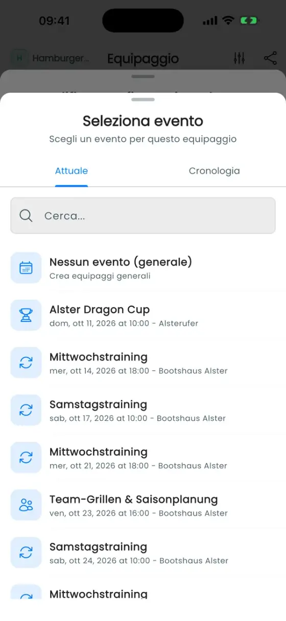 Foglio Seleziona evento con le schede Attuale e Cronologia