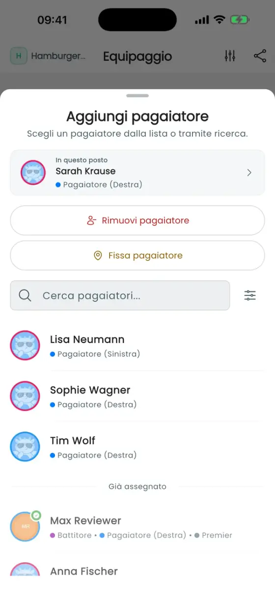Foglio di un posto occupato con Rimuovi pagaiatore e Fissa pagaiatore