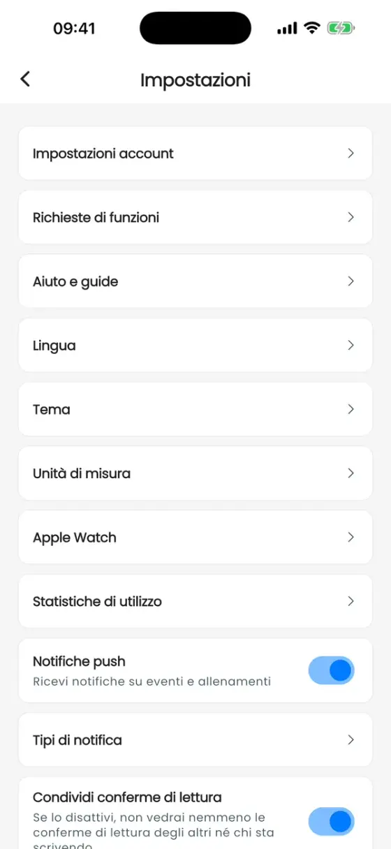 Schermata Impostazioni con Impostazioni account, Richieste di funzioni, Aiuto e guide, Lingua, Tema, Unità di misura e opzioni di notifica