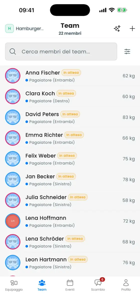 Scheda Team con l'elenco dei pagaiatori, i badge In attesa e i pesi