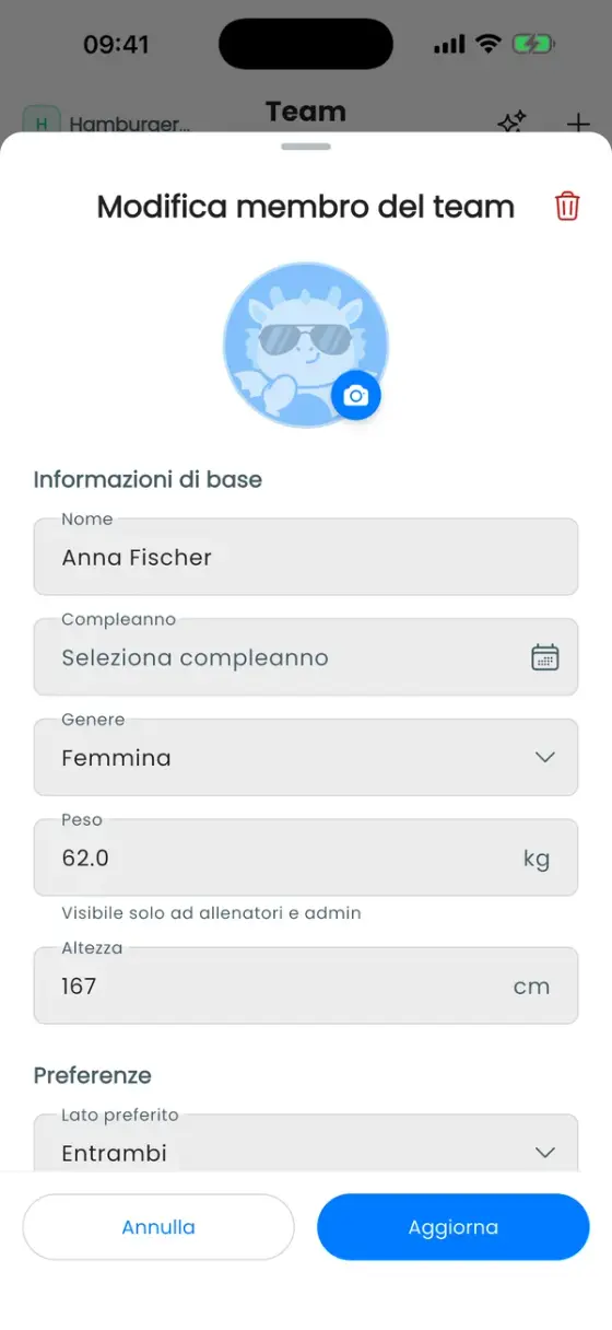 Foglio Modifica membro del team con foto, nome, compleanno, genere, peso e altezza