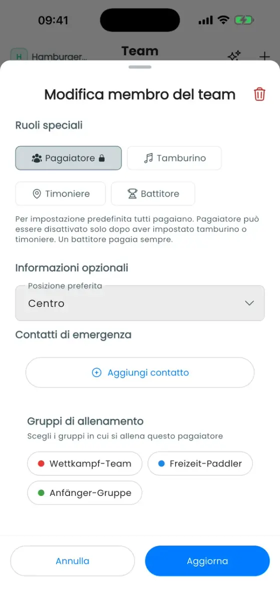 Sezione Ruoli speciali con Pagaiatore, Tamburino, Timoniere e Battitore, e la posizione preferita