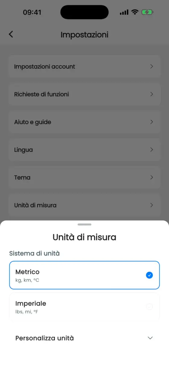 Foglio Unità di misura con Metrico e Imperiale e una sezione Personalizza unità