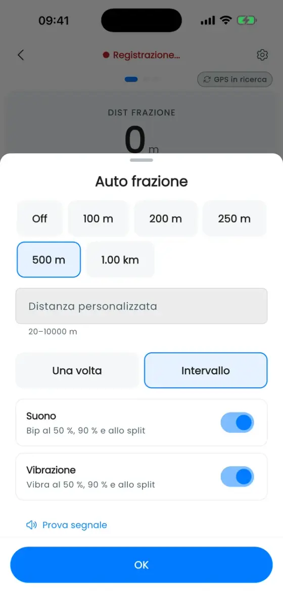 Foglio Auto frazione con le opzioni di distanza, 500 m selezionato, la distanza personalizzata, Intervallo e Una volta, e gli interruttori per suono e vibrazione