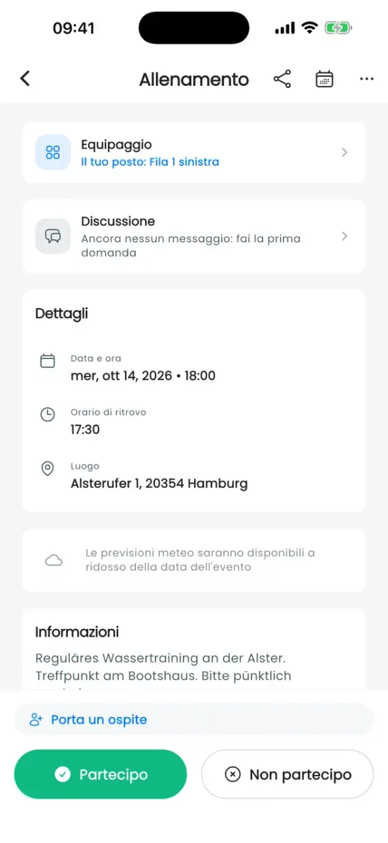 Pagina di dettaglio di un allenamento con la scheda Avvia allenamento