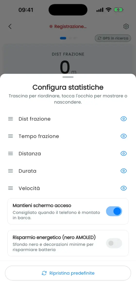 Foglio per riordinare e nascondere i valori in tempo reale, con Mantieni schermo acceso e una modalità di risparmio energetico