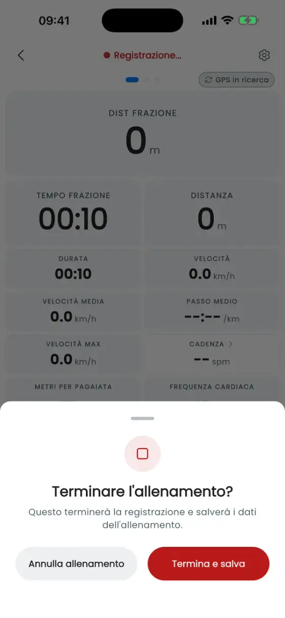 Foglio Terminare l'allenamento? con Termina e salva