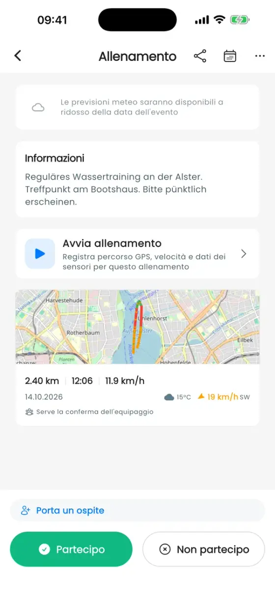 Pagina dell'allenamento con una scheda che mostra miniatura del percorso, 2,40 km, 12:06 e 11,9 km/h
