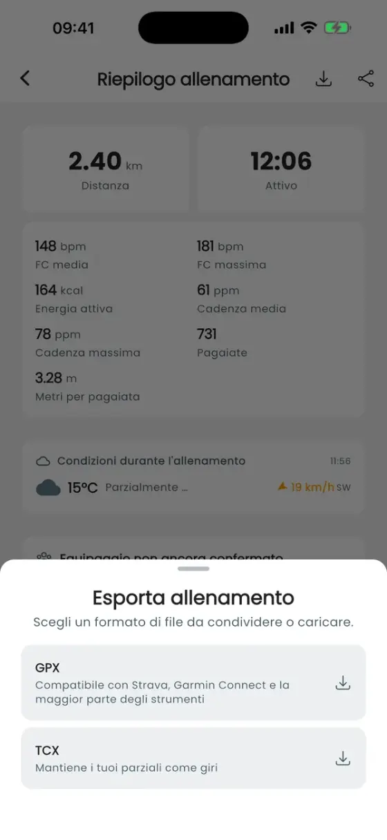 Foglio Esporta allenamento con GPX e TCX