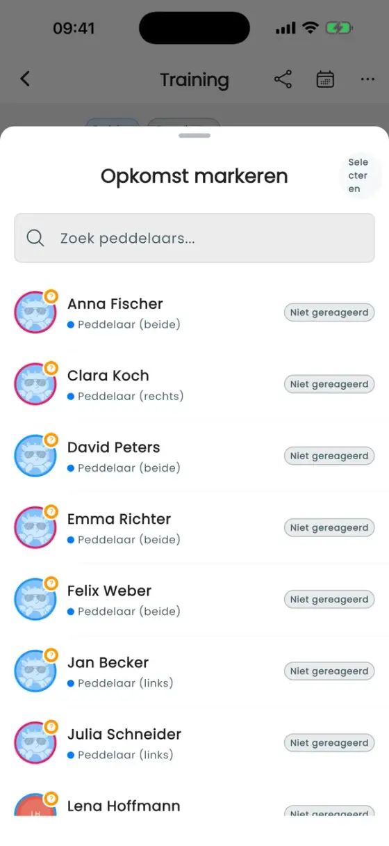 Venster Opkomst markeren met alle peddelaars en de status Niet gereageerd