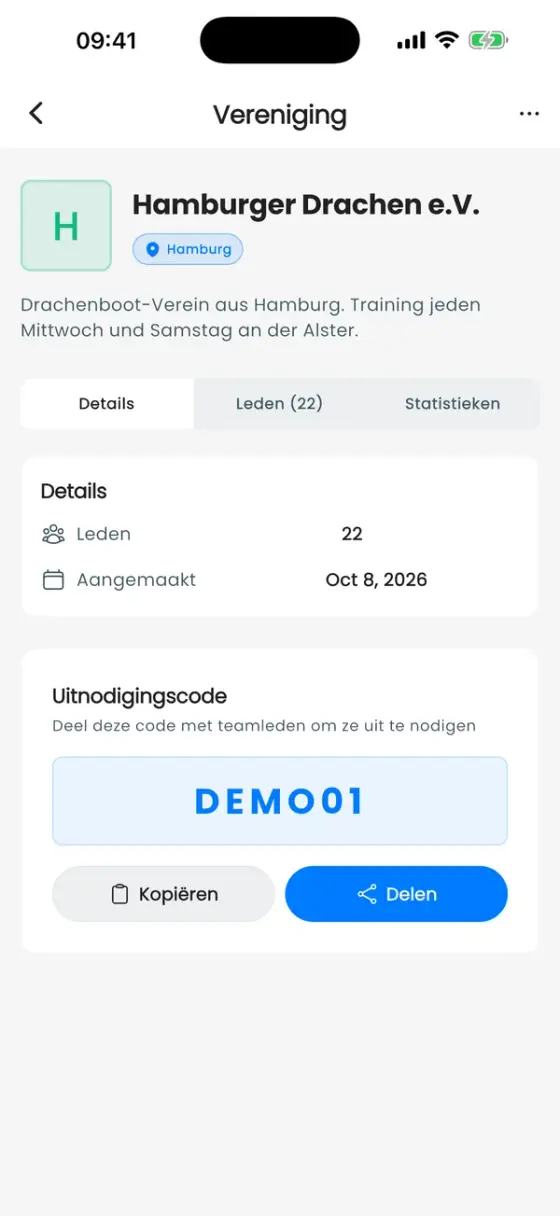 Verenigingsscherm, tabblad Details, met de uitnodigingscode en de knoppen Kopiëren en Delen