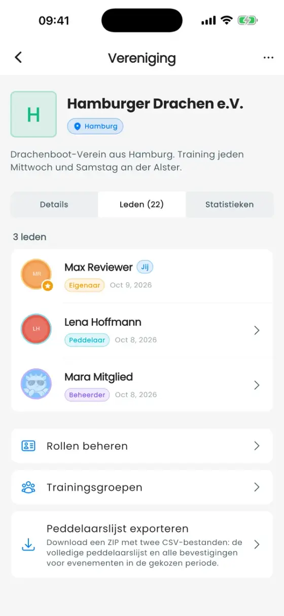 Verenigingsscherm, tabblad Leden, met leden en rolbadges en daaronder de rijen Rollen beheren, Trainingsgroepen en Peddelaarslijst exporteren