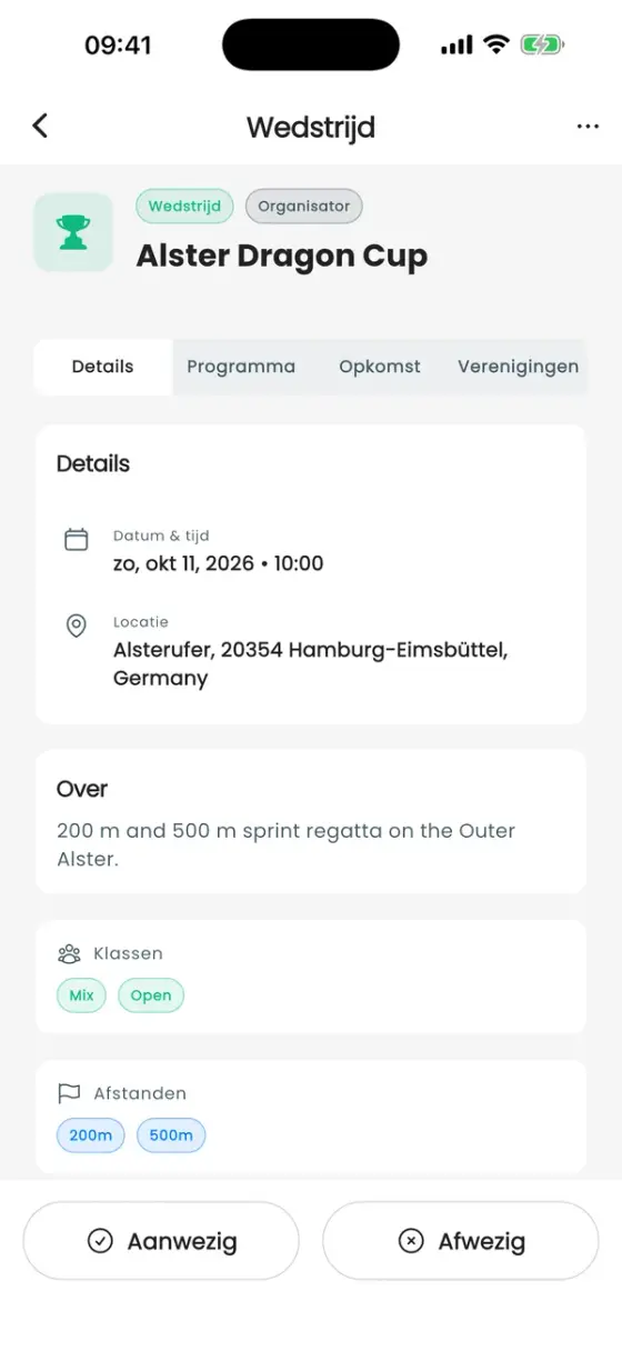 Detailpagina van een wedstrijd met datum, locatie, klassen en afstanden