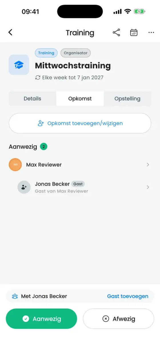 Tabblad Opkomst met Max Reviewer en zijn gast onder Aanwezig