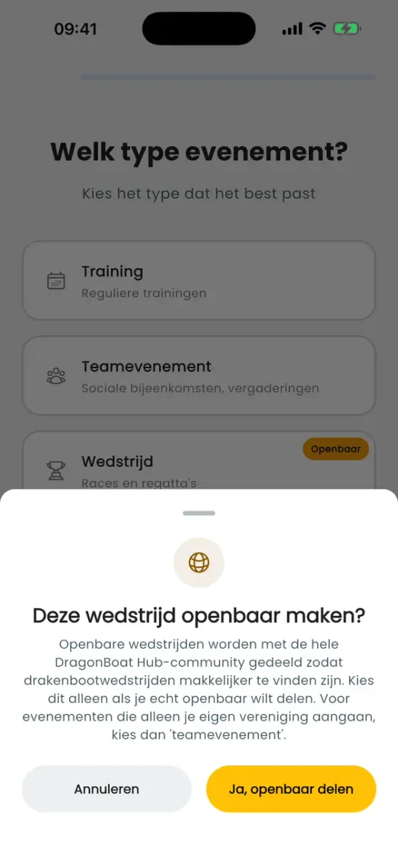 Bevestigingsvenster: Deze wedstrijd openbaar maken?