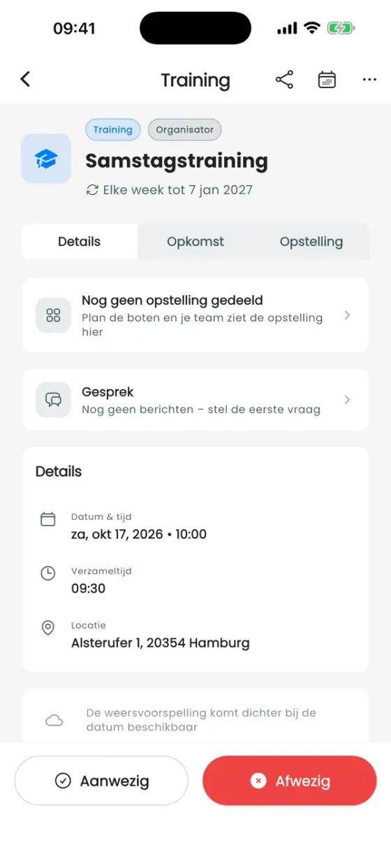 Detailpagina van een training met de knoppen Aanwezig en Afwezig onderaan