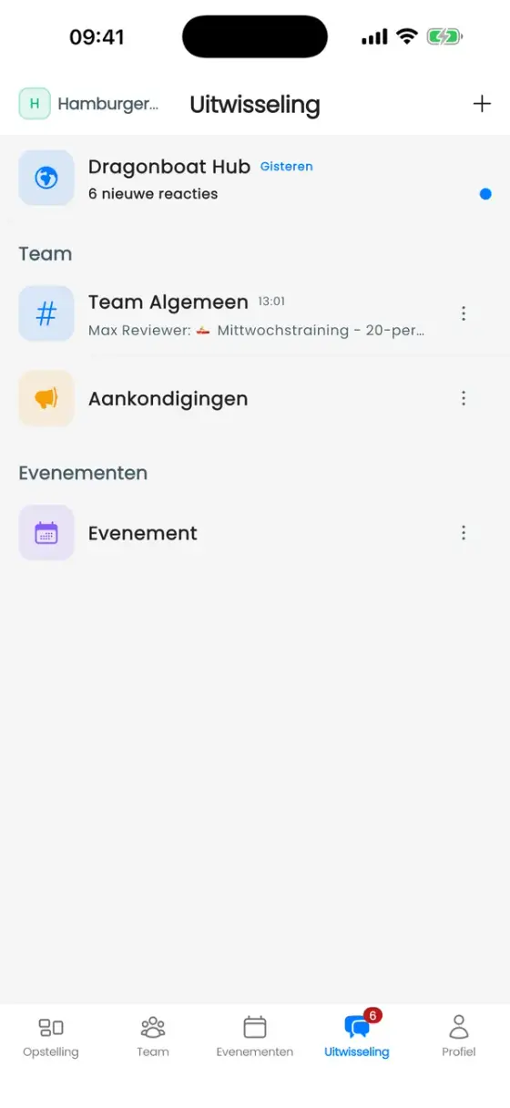 Tabblad Uitwisseling met Dragonboat Hub, Team Algemeen, Aankondigingen en een evenementkanaal