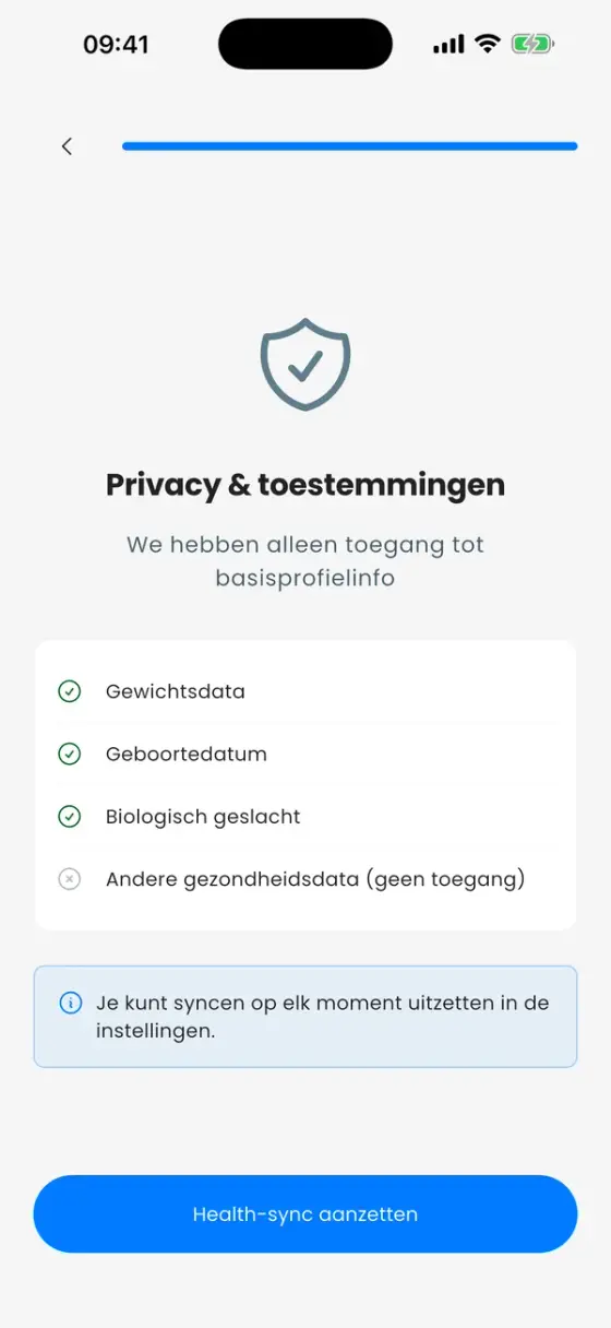 Scherm Privacy en rechten met gewichtsdata, geboortedatum en biologisch geslacht