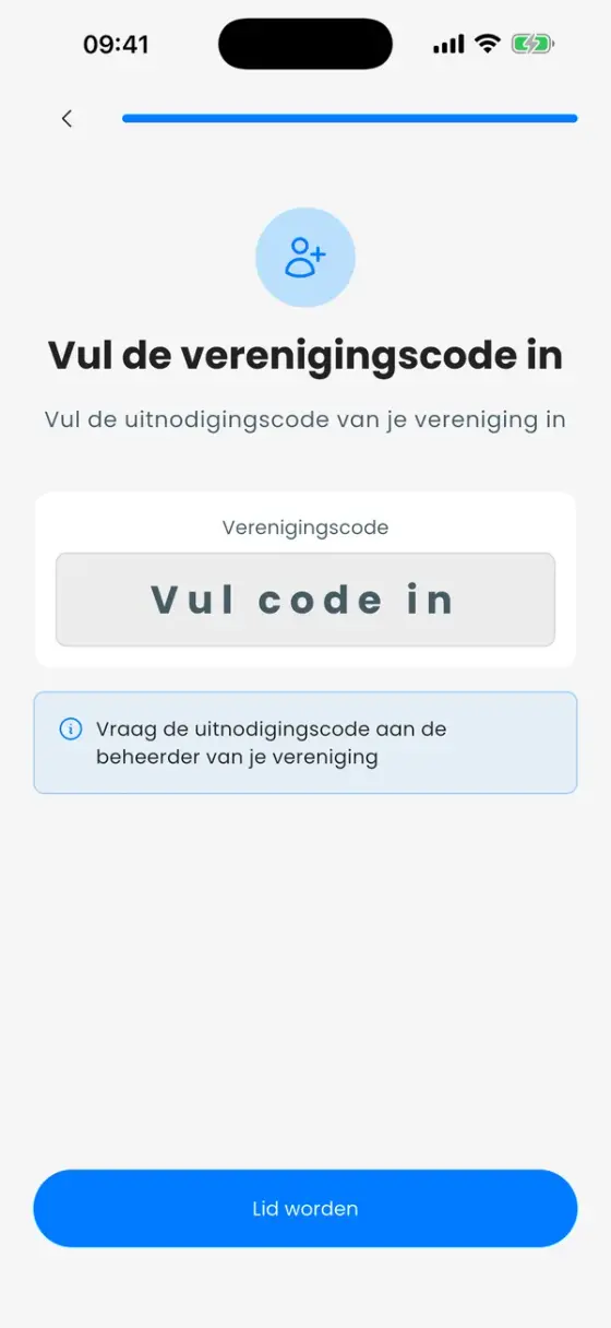 Het scherm Voer de verenigingscode in met een codeveld en een knop Lid worden