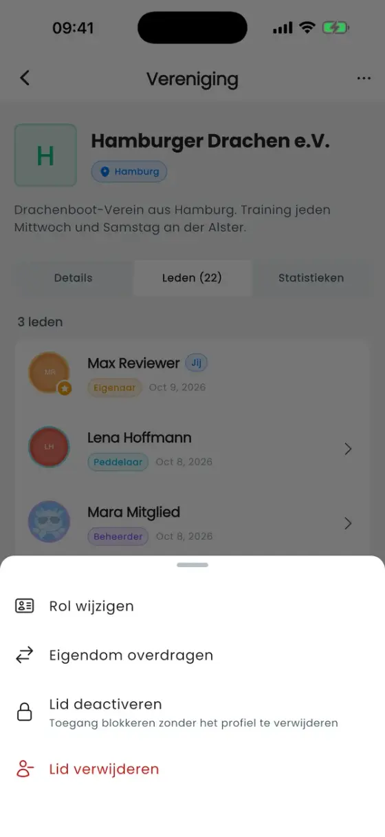 Actievenster voor een lid met Rol wijzigen, Eigendom overdragen, Lid deactiveren en Lid verwijderen