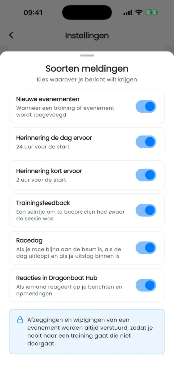 Venster Soorten meldingen met schakelaars voor nieuwe evenementen, herinneringen, trainingsfeedback, racedag en reacties in de Hub