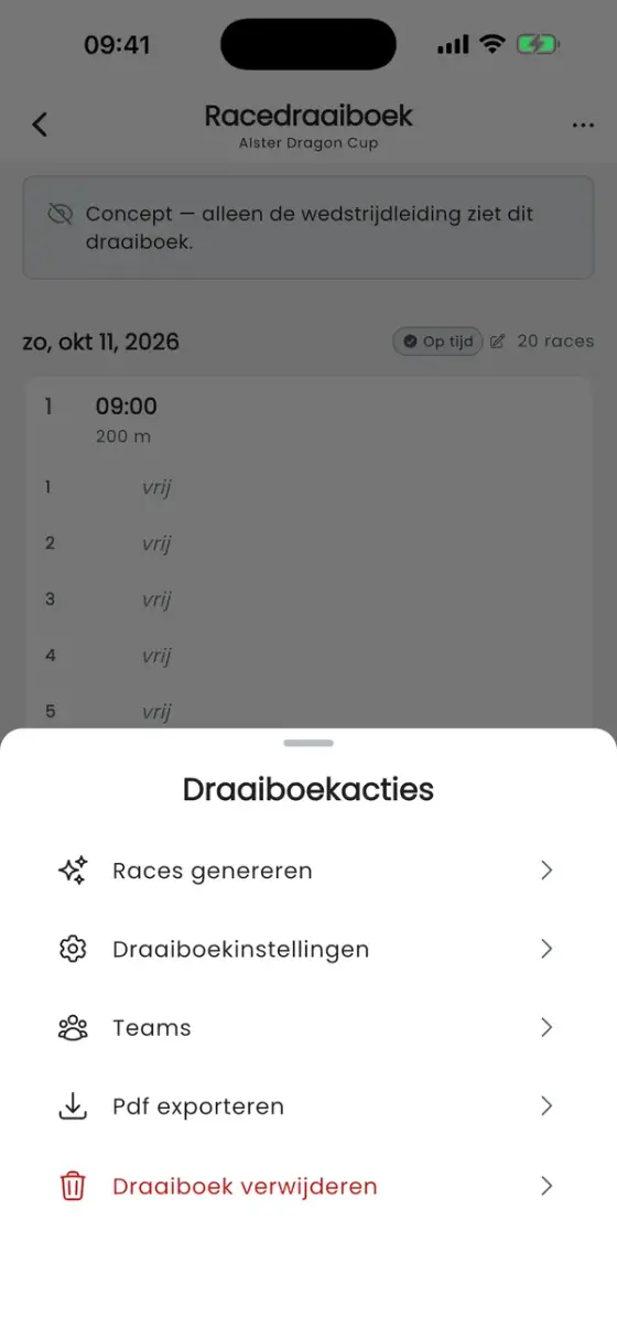 Venster Schema-acties met Races genereren, Schema-instellingen, Teams, Pdf exporteren en Schema verwijderen
