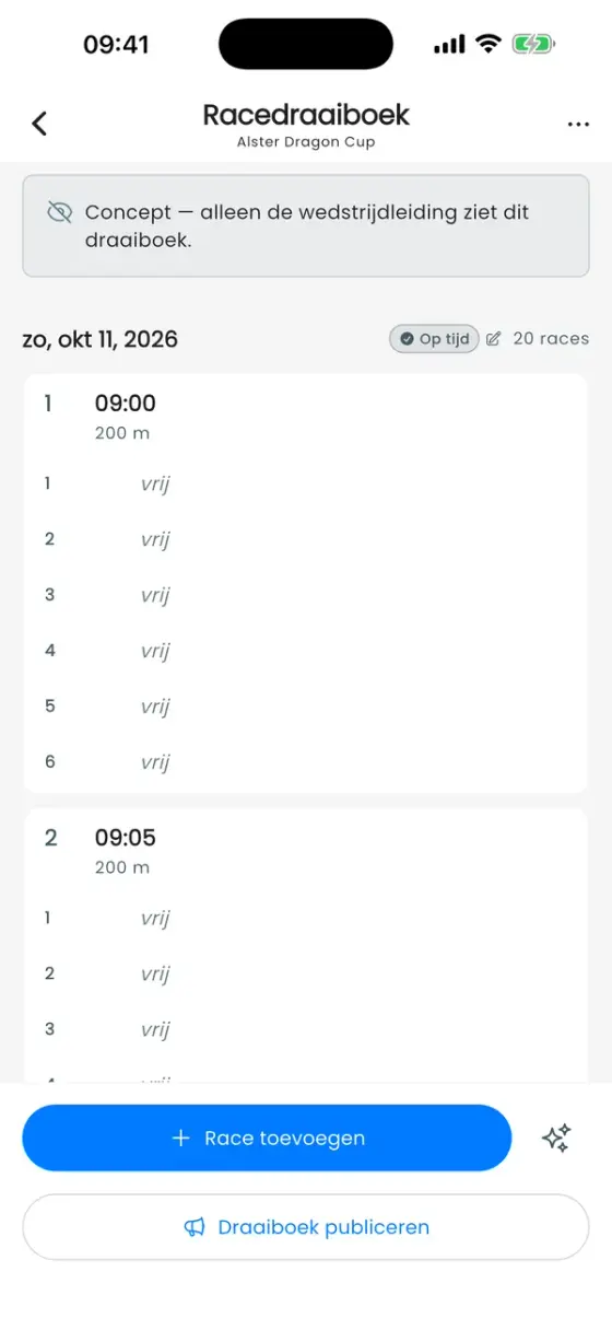 Raceschema-editor met een conceptbanner en races om 09:00 en 09:05