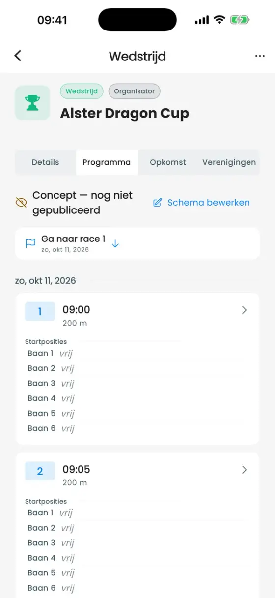 Tabblad Programma van een wedstrijd met races en banen