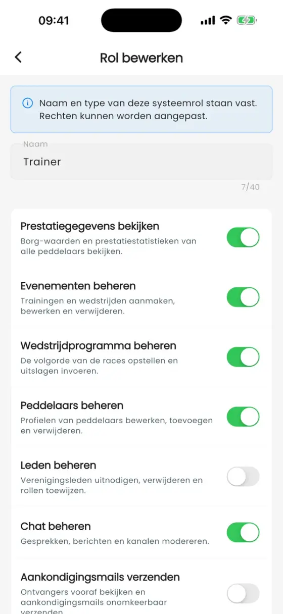 Scherm Rol bewerken voor Trainer met één schakelaar per permissie