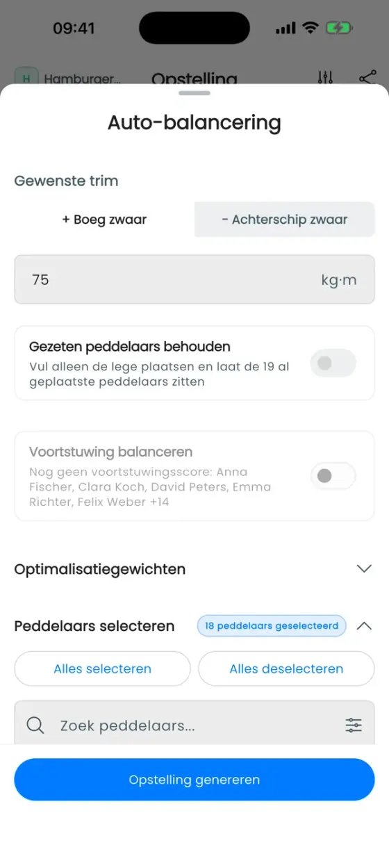 Venster Auto-balancering met gewenste trim, Gezeten peddelaars behouden, Voortstuwing balanceren en Peddelaars selecteren