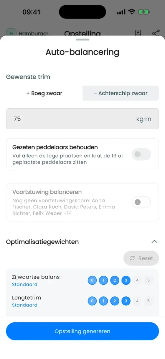 Sectie Optimalisatiegewichten met vijf regels, elk op Standaard