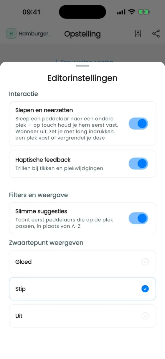 Venster Editorinstellingen met opties voor slepen en neerzetten, haptische feedback, slimme suggesties en weergave van het zwaartepunt
