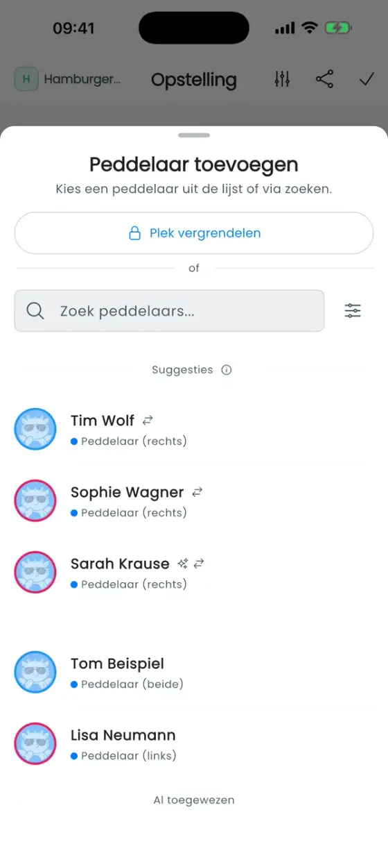 Plekvenster voor een lege plek met Plek vergrendelen bovenaan en voorgestelde peddelaars eronder