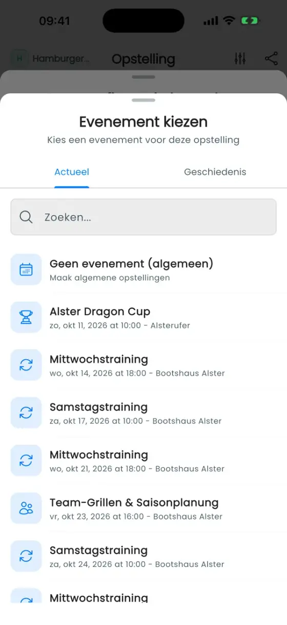 Venster Evenement kiezen met de tabbladen Actueel en Geschiedenis