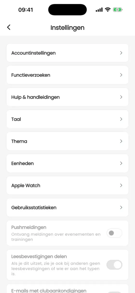 Instellingenscherm met Accountinstellingen, Functieverzoeken, Hulp en handleidingen, Taal, Thema, Eenheden en meldingsopties
