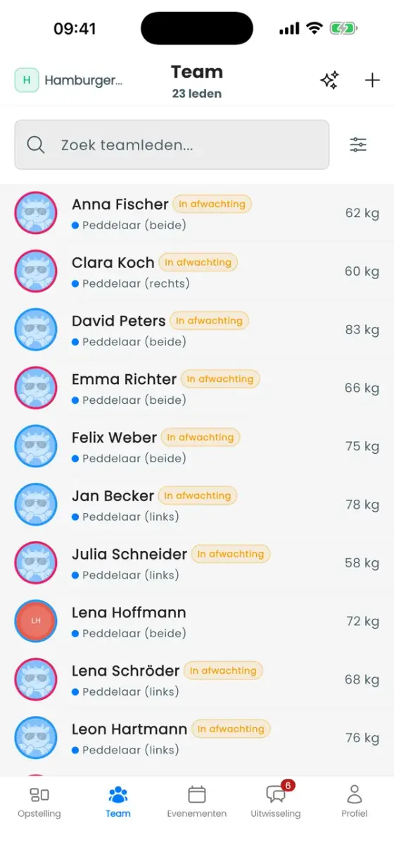 Tabblad Team met de peddelaarslijst, badges In afwachting en gewichten