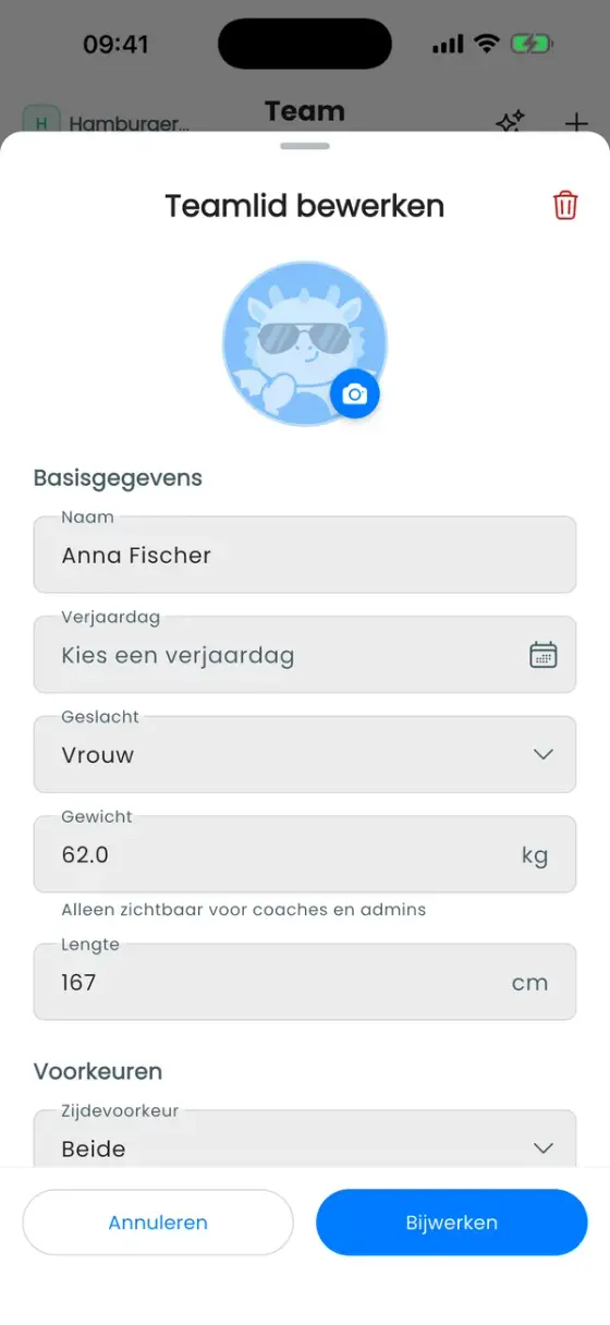 Venster Teamlid bewerken met foto, naam, verjaardag, geslacht, gewicht en lengte